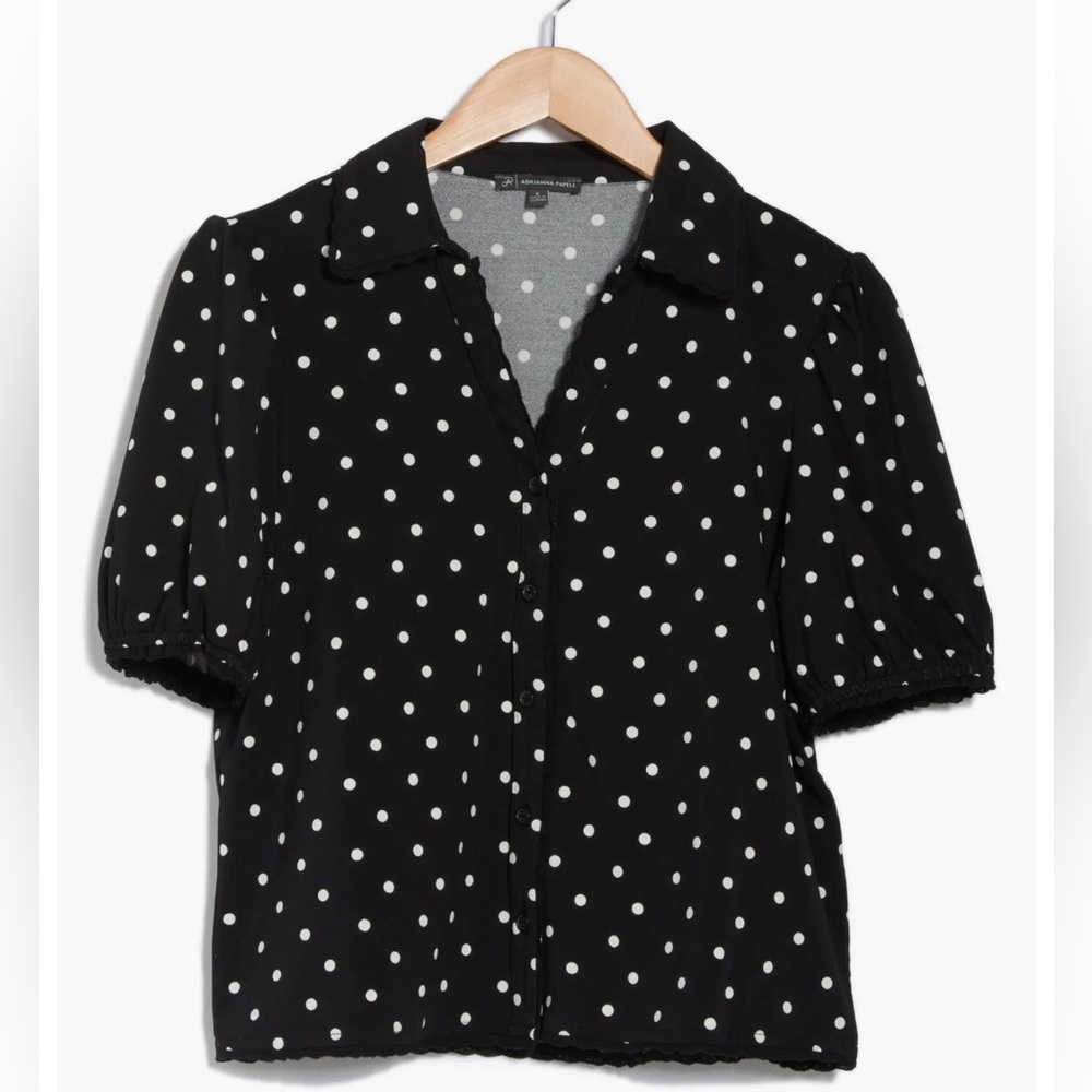 Adrianna Papell Black Polka Dot Puff Sleeve Button Up Women's Top Large
